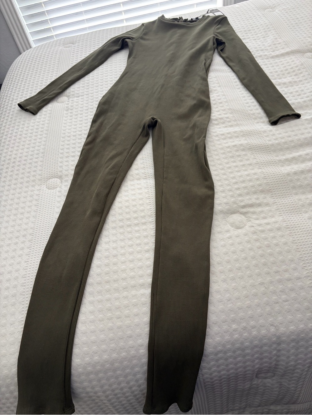 Fashion Nova Olive Green Ribbed Long-Sleeve Jumpsuit